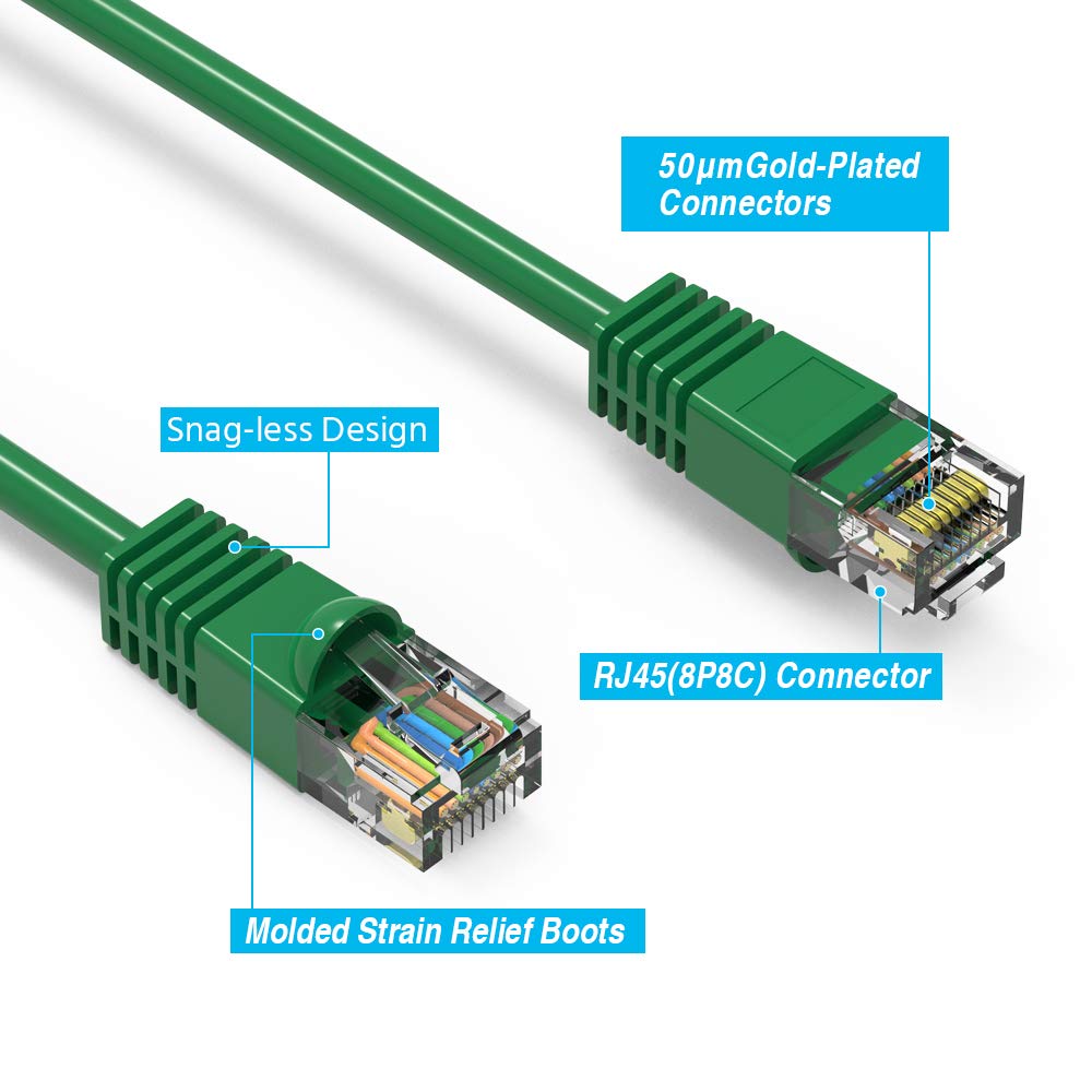 AEONS 10Gbps Snagless Cat 6 Ethernet Patch Cable 100 ft LAN UTP Cat6 RJ45 Internet Network Cable for Patch Panel Switch, Gold Plated UL Listed, Green