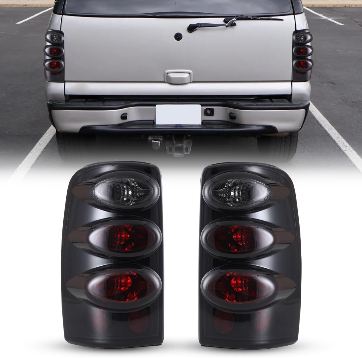 CPW Tail Lights Assembly Fit For 2000 2001 2002 2003 2004 2005 2006 Suburban1500 2500 /Tahoe/Yukon, Functional Rear Brake Lamps Driver & Passenger Side Taillights (Black Housing Smoke Lens)
