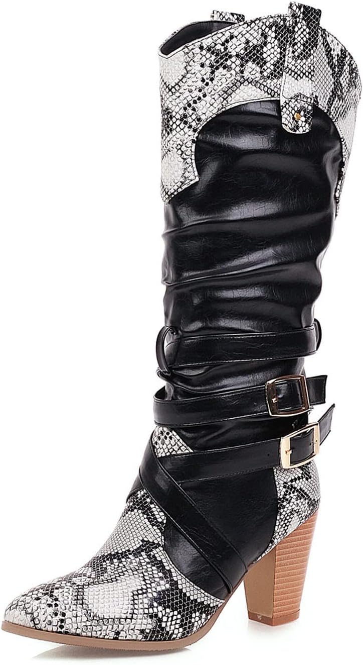 Womens Cross Strap Buckle Boots - Fashion Snake Print Patchwork Stacked Heel Pointed Toe High-heeled Mid Calf Boots Casual Slip On Chnuky Heel Shoes