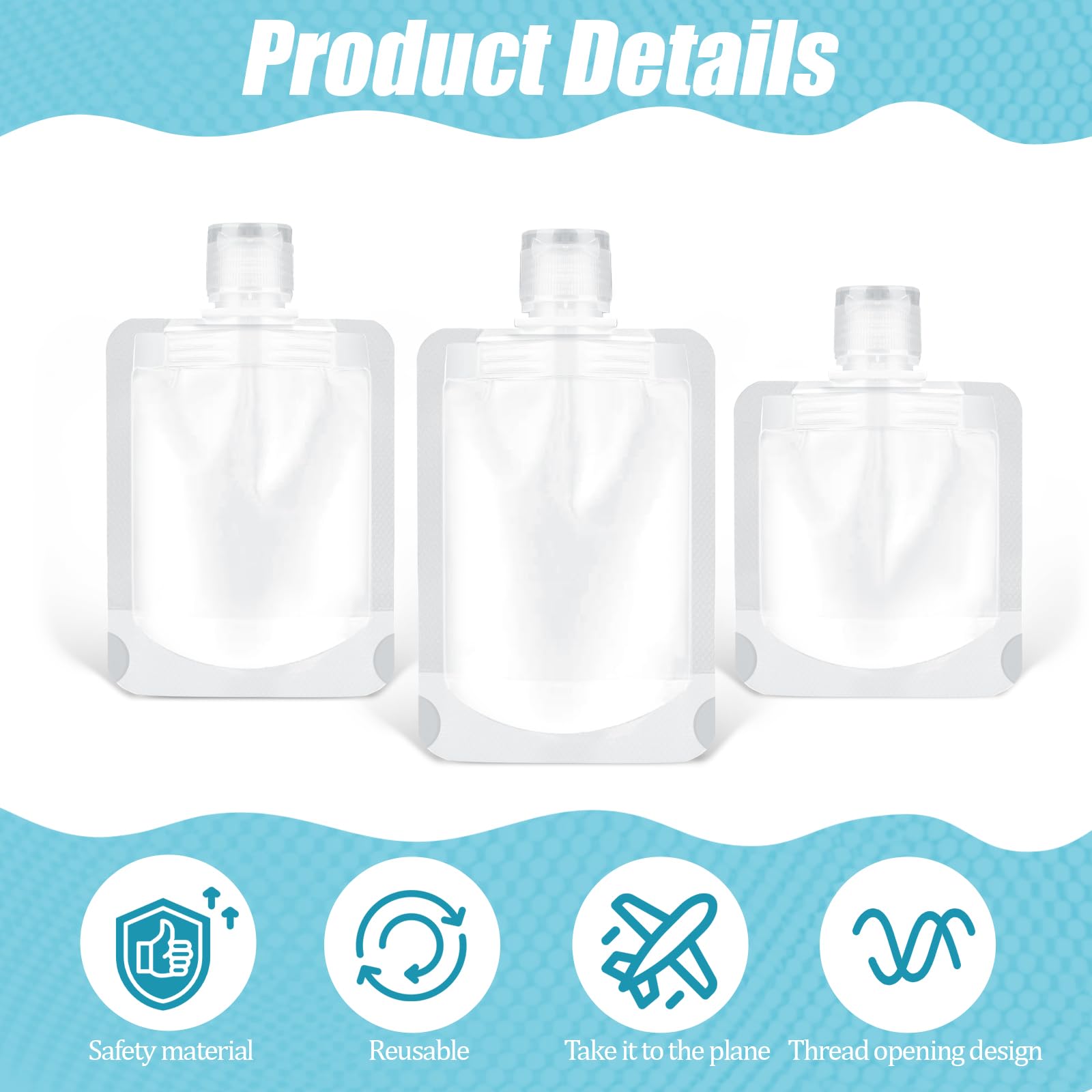 12 sacchetti da viaggio per articoli da toeletta, sacchetti portatili per cosmetici liquidi, ricaricabili, contenitori da viaggio per shampoo, balsamo, lozioni (30 ml/50 ml/100 ml), Trasparente, 3