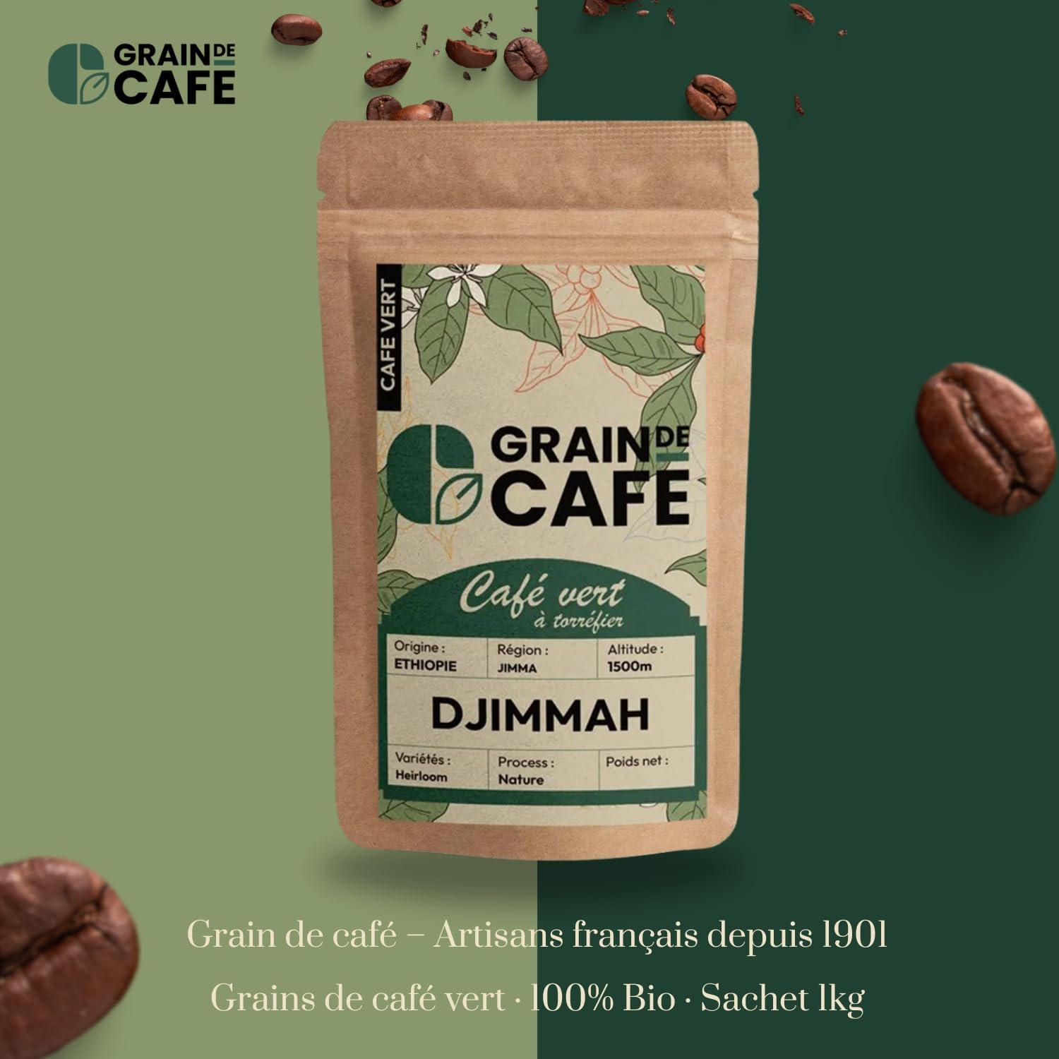 Graindecafé – Café Vert Éthiopie Djimmah G5 1kg | 100% Arabica Naturel Non Torréfié | De Forêt À Torréfier Soi-Même | Notes De Moka Et Épices | Idéal Machine À Grain Une Fois Torréfié