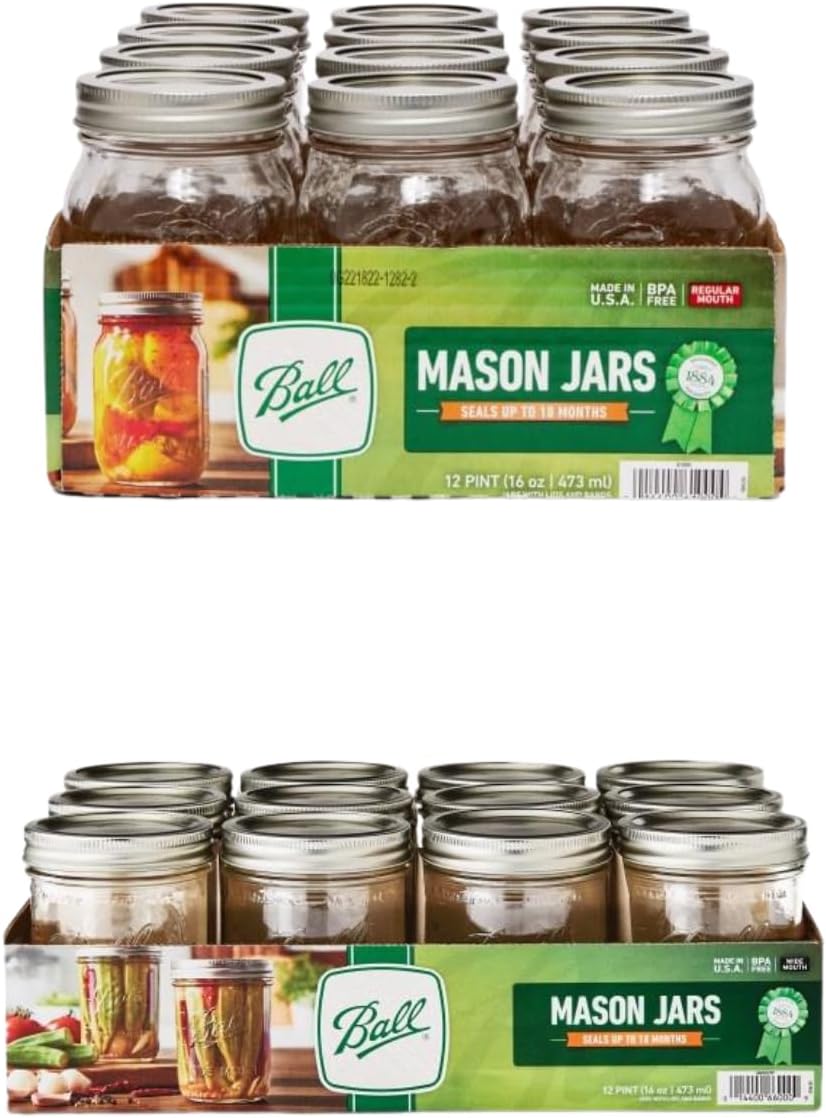 Ball Glass Mason Jars with Lids and Bands, Used for Canning, Pickling, Juice, Jam, Jelly, Pint Size 16 Ounce 12 Regular Mouth + 12 Wide Mouth (Total 24 Jars)