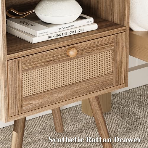 SUPERJARE Nightstands Set of 2, Night Stands with Charging Station & PE Rattan Decor Drawer, Bed Side Tables with Solid Wood Feet, End Table, for Bedroom, Living Room, Walnut