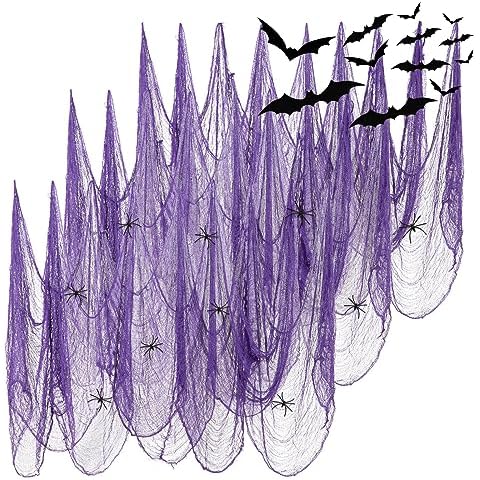 FestiCorp 3 in 1 Halloween Purple Creepy Cloth Set - 6 Pcs 30x72 in Cheese Cloths with Spiders and Bats, Halloween Netting Spooky Creepy Gauze Cloth for Haunted House Decoration Indoor and Outdoor Cover