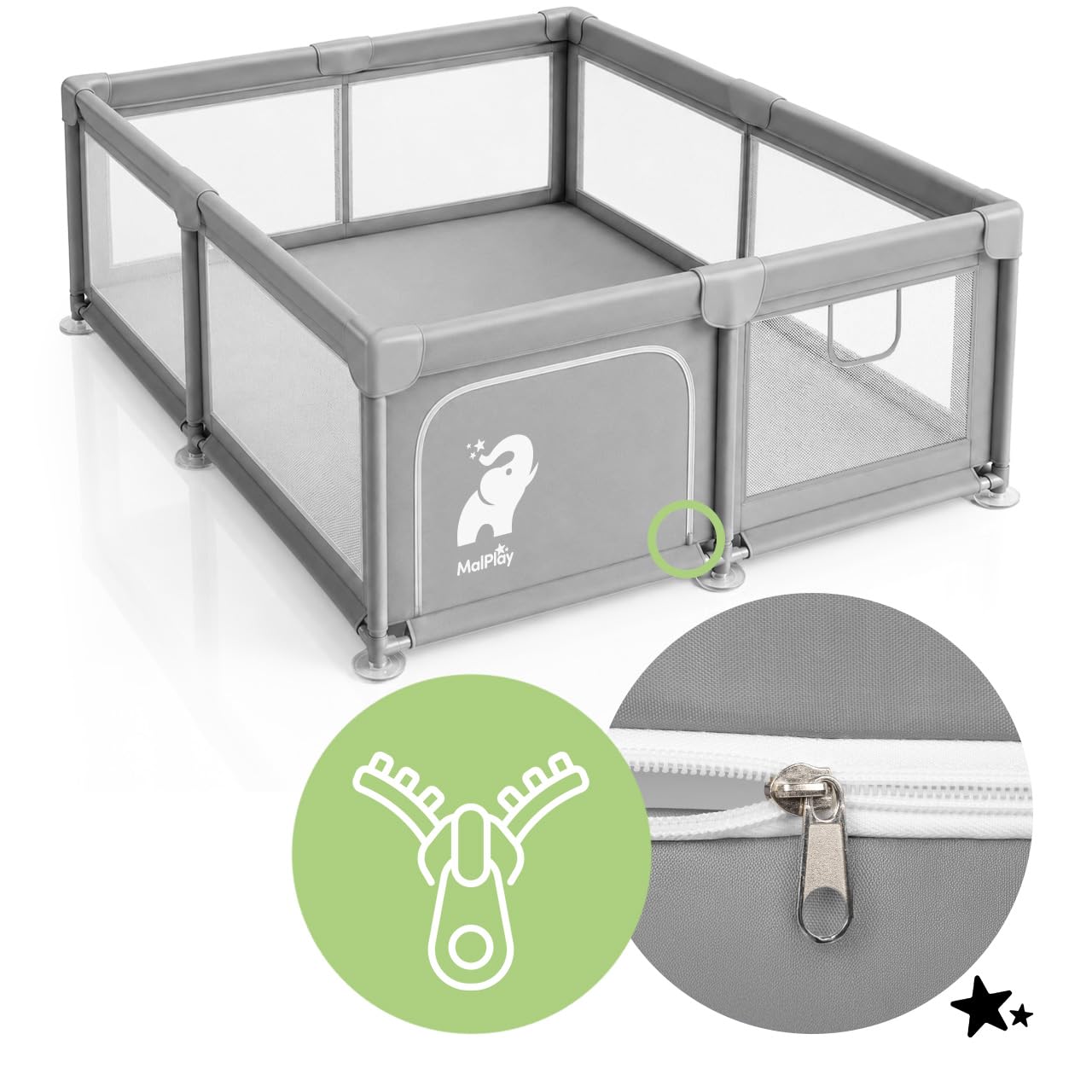 MalPlay Kojec dla niemowląt 150x180 cm dla dzieci w wieku 6-36 miesięcy, mobilny kojec dla dzieci z bokami z siatki, Laufgitter Playpen Play Pen składany, duży kojec dla niemowląt, zamek błyskawiczny