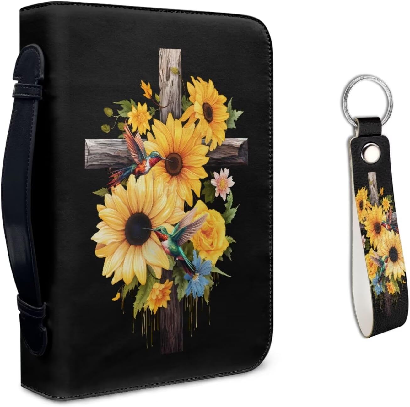 KuiaobatySunflower Hummingbird Cross Print Leather Bible Covers with Keychain Bible Holder for Women Men Bible Case Storage Organizer with Handle Bible Bag Journal Case Bible Carrying Carrier 2XL