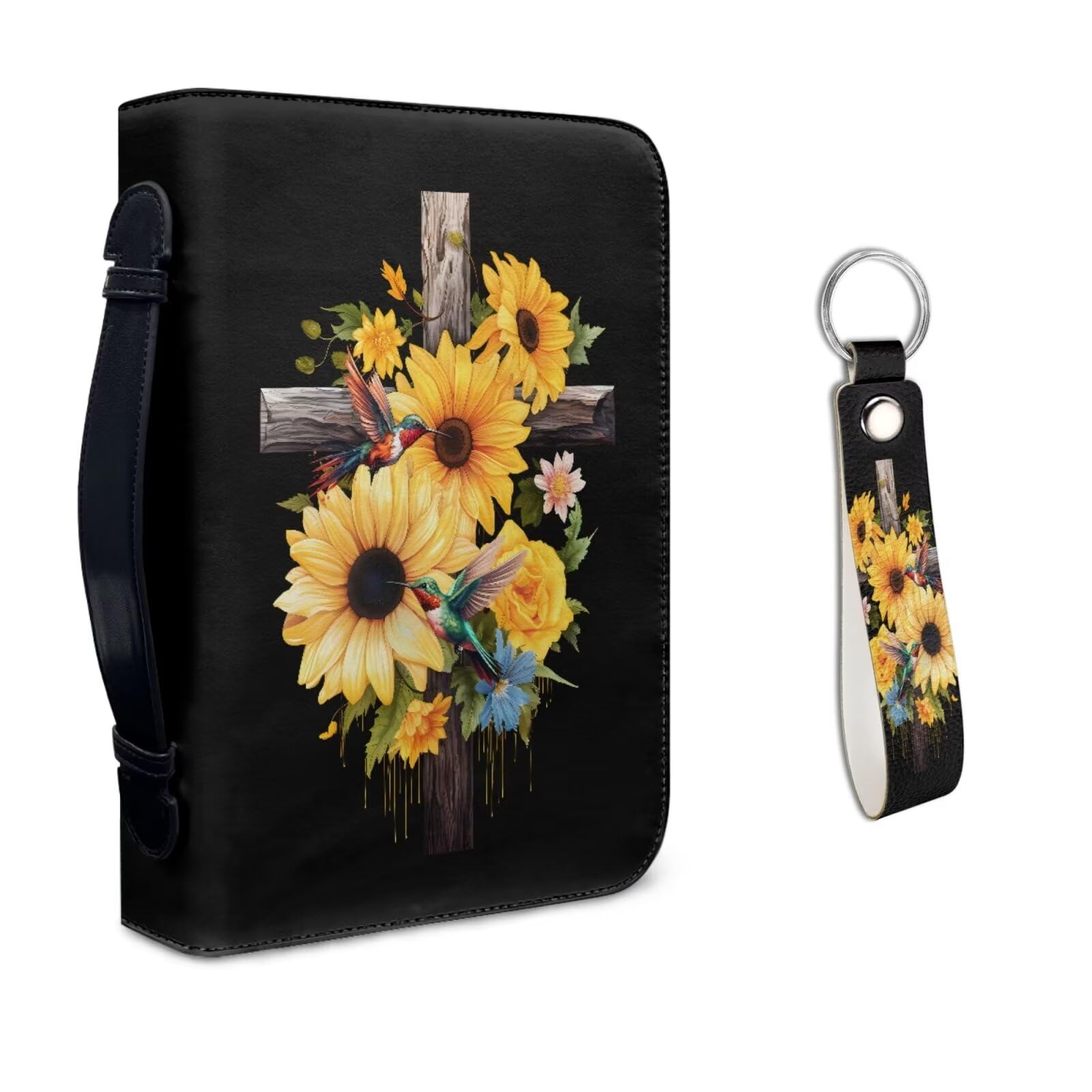 KuiaobatySunflower Hummingbird Cross Print Leather Bible Covers with Keychain Bible Holder for Women Men Bible Case Storage Organizer with Handle Bible Bag Journal Case Bible Carrying Carrier 2XL
