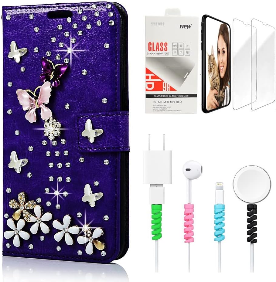 STENES Bling Wallet Phone Case Compatible with Moto G Play 2021 Case - Stylish - 3D Handmade S-Link Butterfly Floral Leather Cover with Screen Protector & Cable Protector - Hot Red