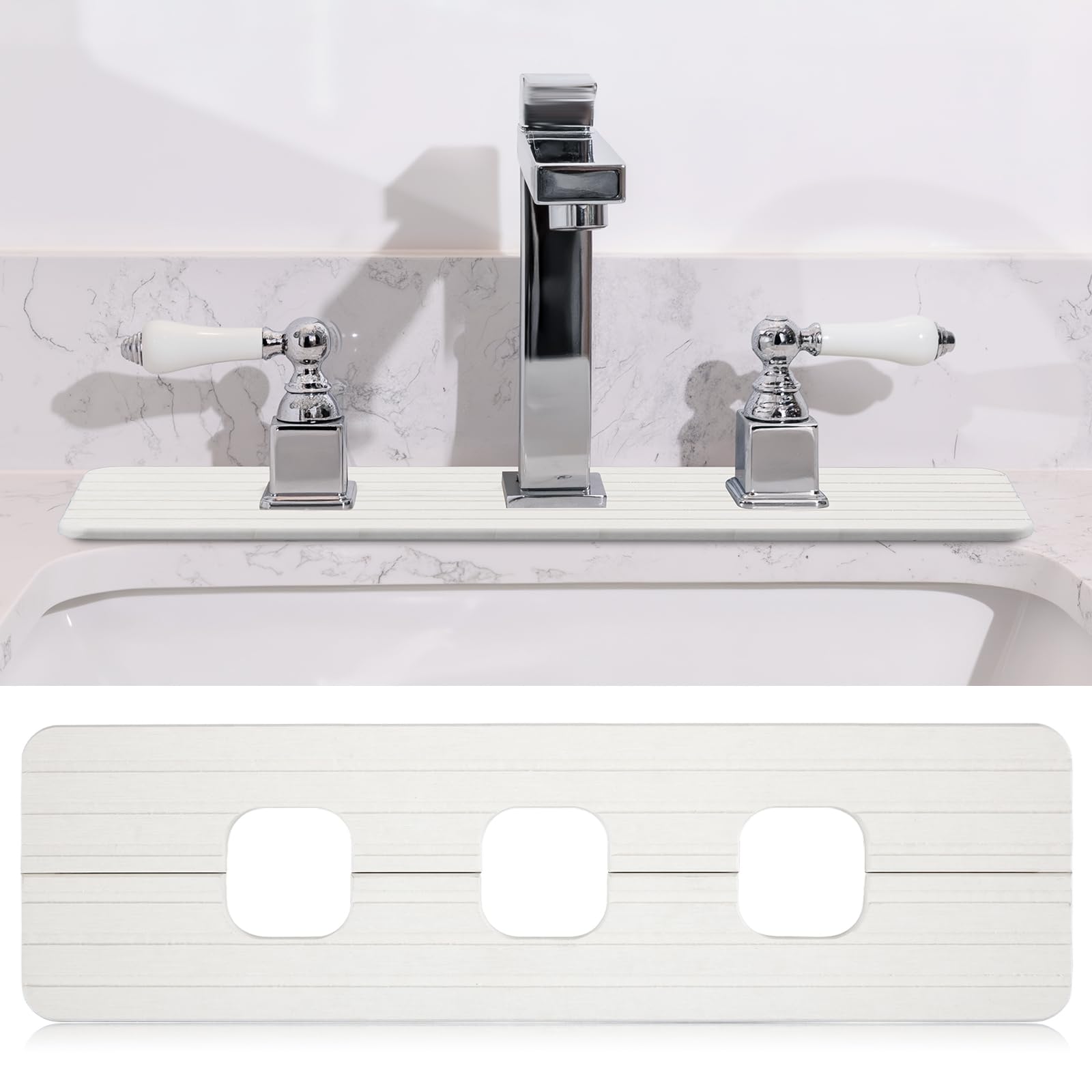 Photo 1 of Teenyyou 3 Square Hole White Faucet Mat for Kitchen Sink Bathroom 16.14" x 4.49" Kitchen Faucet Absorbent Mat Diatomite Splash Guard Quick Drying Stone Drip Catcher Hole 1.97" Holes Spaced About 1.97"