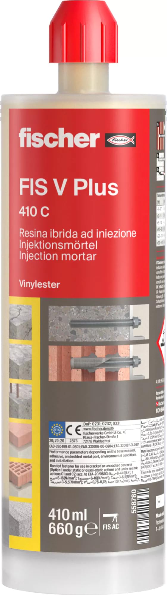 Fischer FIS V PLUS 410C Ancorante Chimico Strutturale per Calcestruzzo e Muratura, Cartuccia 410ml con 2 Miscelatori