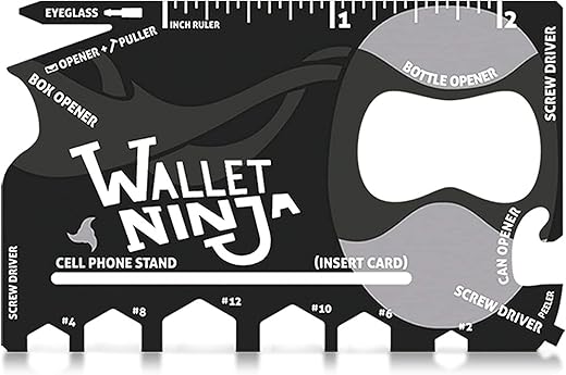 Wallet Ninja Multitool Card – 18 in 1 Credit Card Size Multi-Tool for Quick Repairs, EDC Survival Gear, Bottle Opener, Camping – Cool Gadget and Stocking Stuffer (Black)