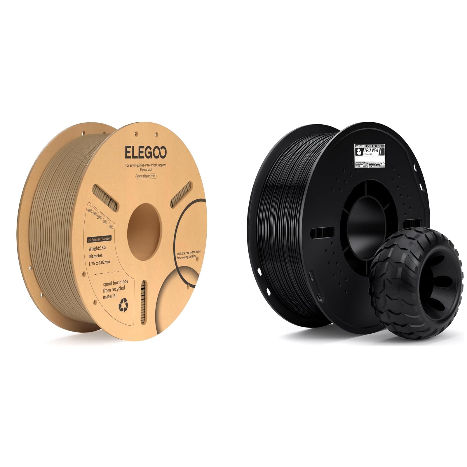 ELEGOO 1.75mm PLA+ Filament Bois 1KG & TPU 95A Filament Noir 1KG