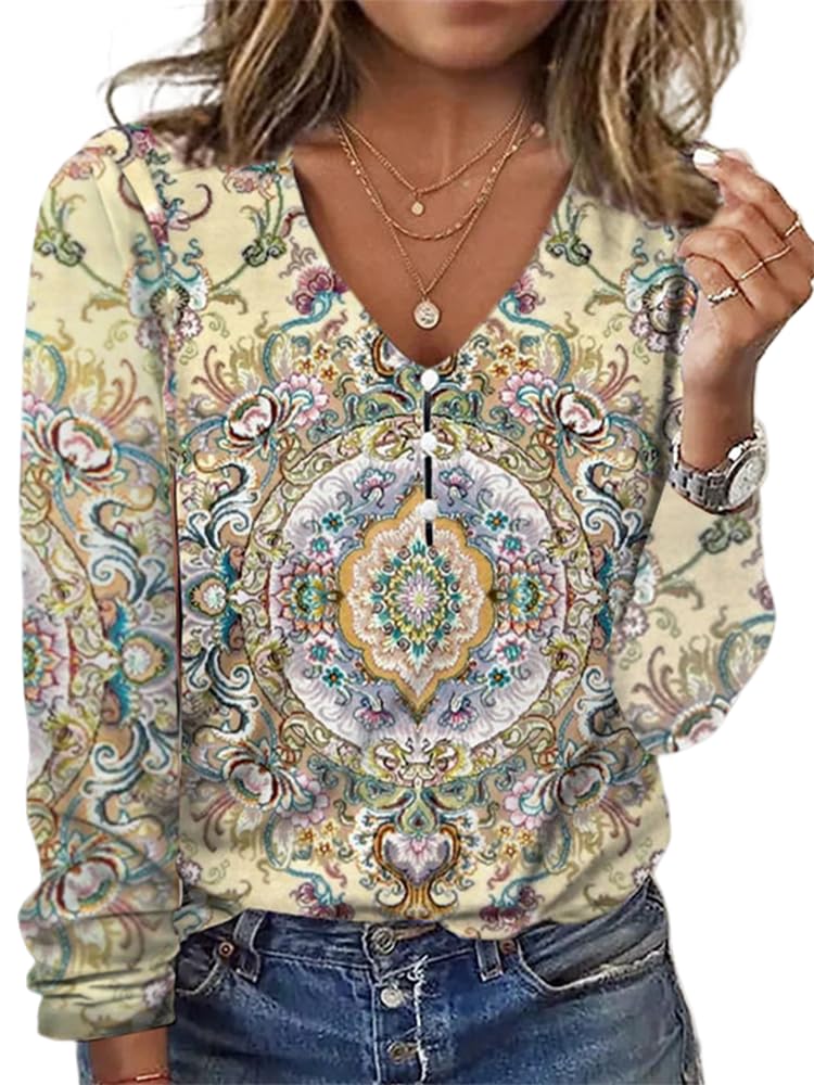 Chvity Womens Boho Floral Long Sleeve V Neck Shirts Causal Button Front Dressy Blouse Vintage Ethnic Print Fall Pullover Tops
