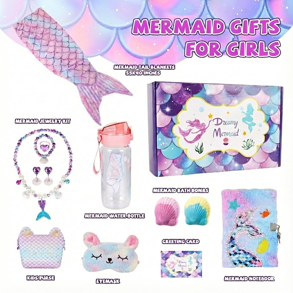 Mermaid Gifts for Girls 4-10 Year Old, 8Pc Gift Box with Mermaid Tail Blanket, Jewelry, Kids Purse, water bottle & Notebook, Birthday Toys for 4-6 8-10 Year Old Girl, Safe Non-Toxic Stationery Set