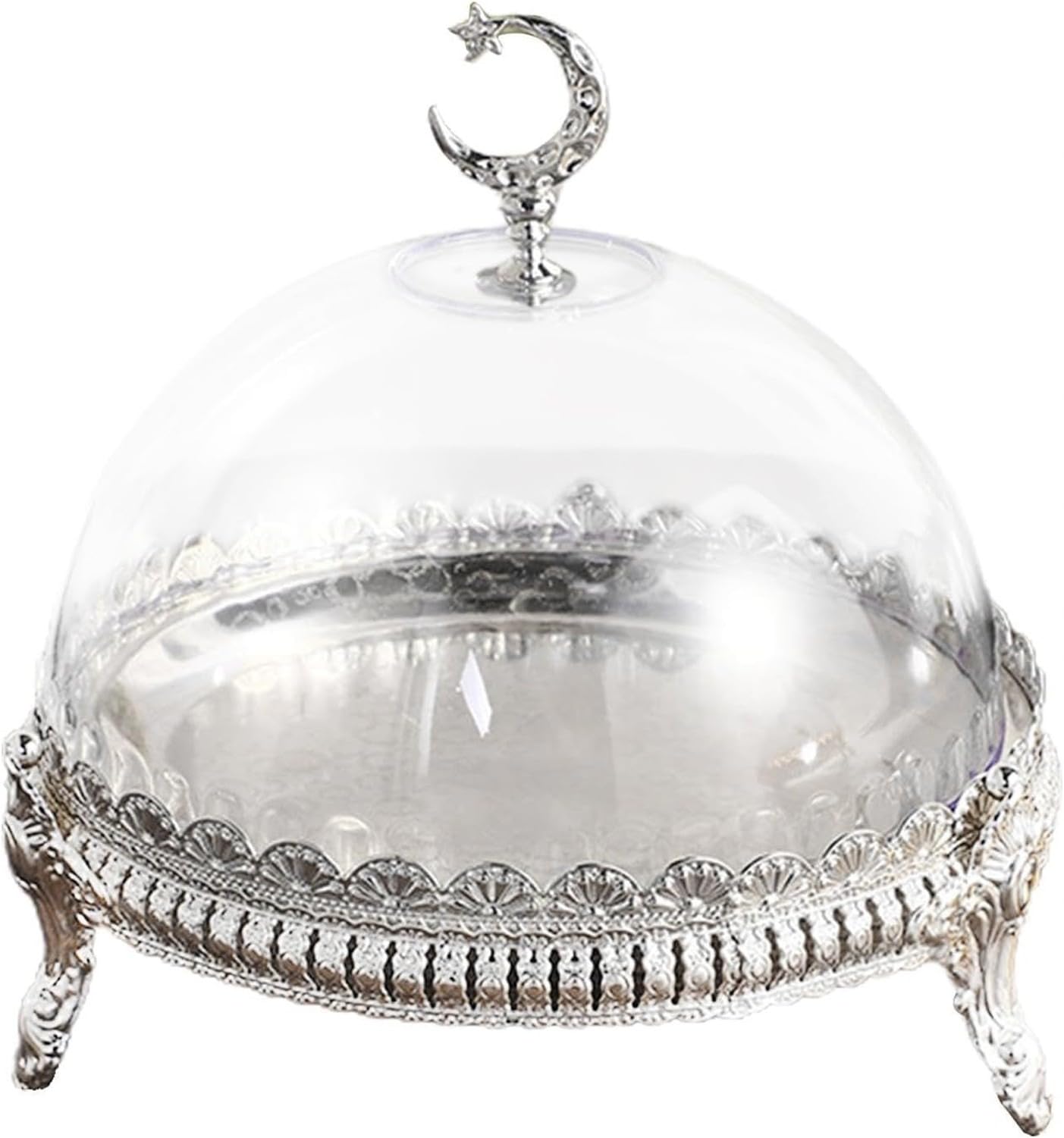 Présentoir à Gâteau avec Couvercle Plateau à Cookies Décoratif Plat de Service pour Fêtes Mariage Anniversaire Événements Festifs, Silver