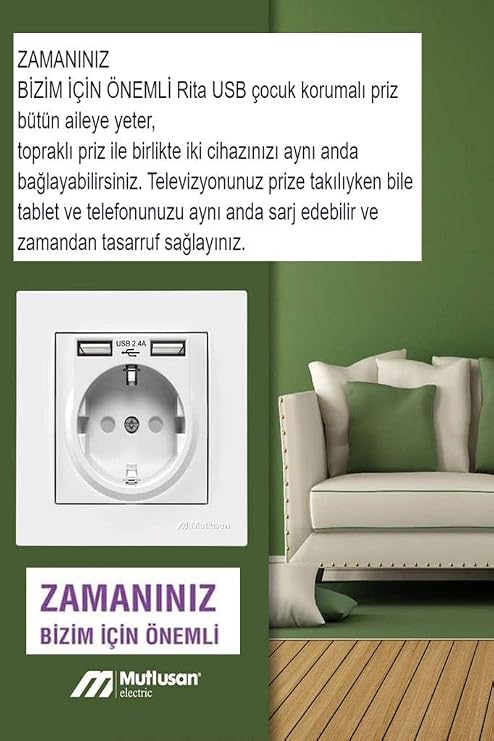 Mutlusan Çift USB'li Topraklı Priz (2.4A Hızlı Şarj+Çocuk Koruma)