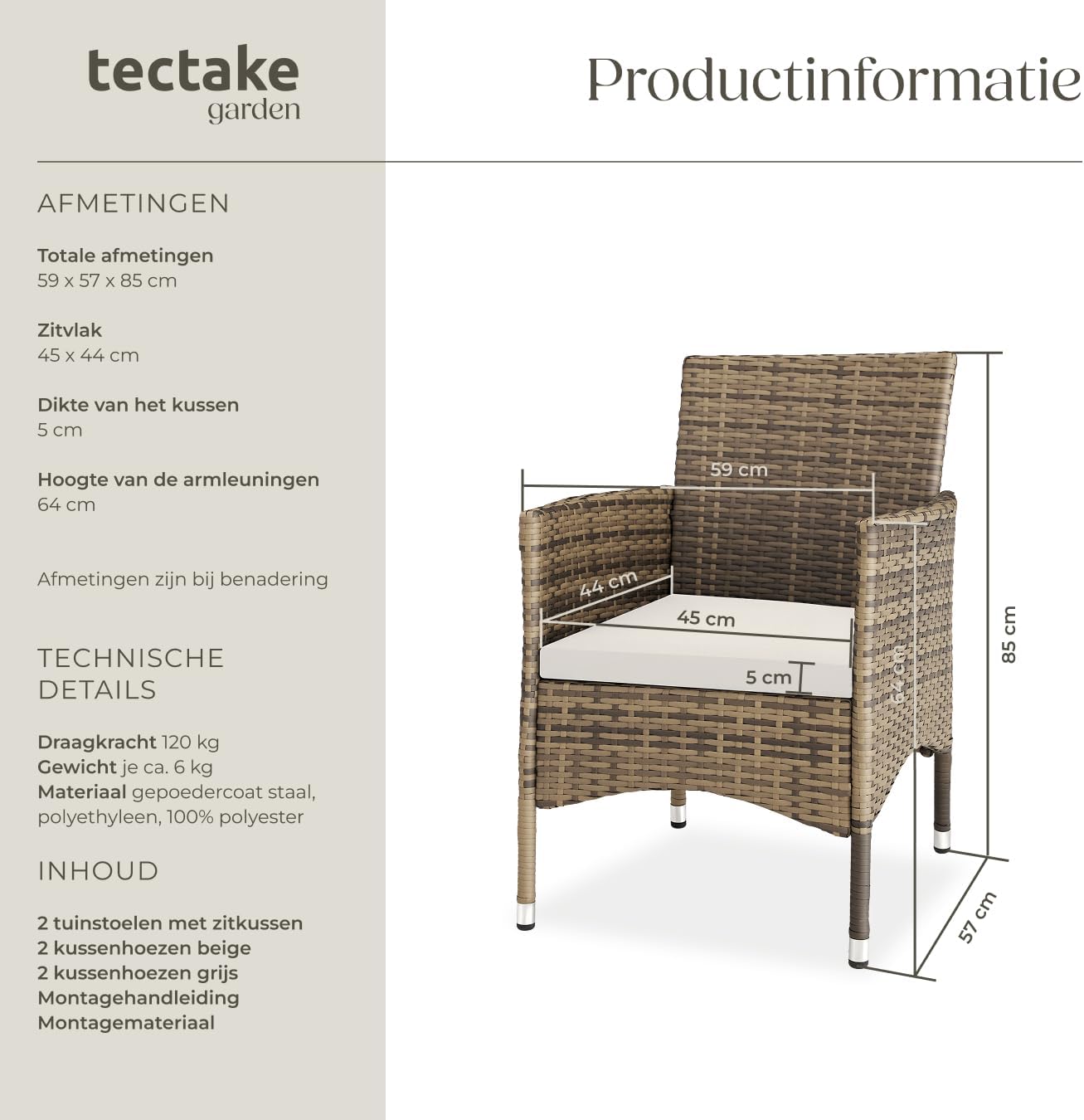 Diagram showing dimensions of the tectake garden chair