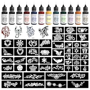 Temporary Tattoo Kit12 Bottles Color Temporary Tattoo Ink,49 Big Pcs Stencils Kit for Body Paint DIY Fake Tattoos for Kids(Black*2,Red,Green,Blue,Pink,Grey,Navy,Yellow,Purple,Brown,Orange)