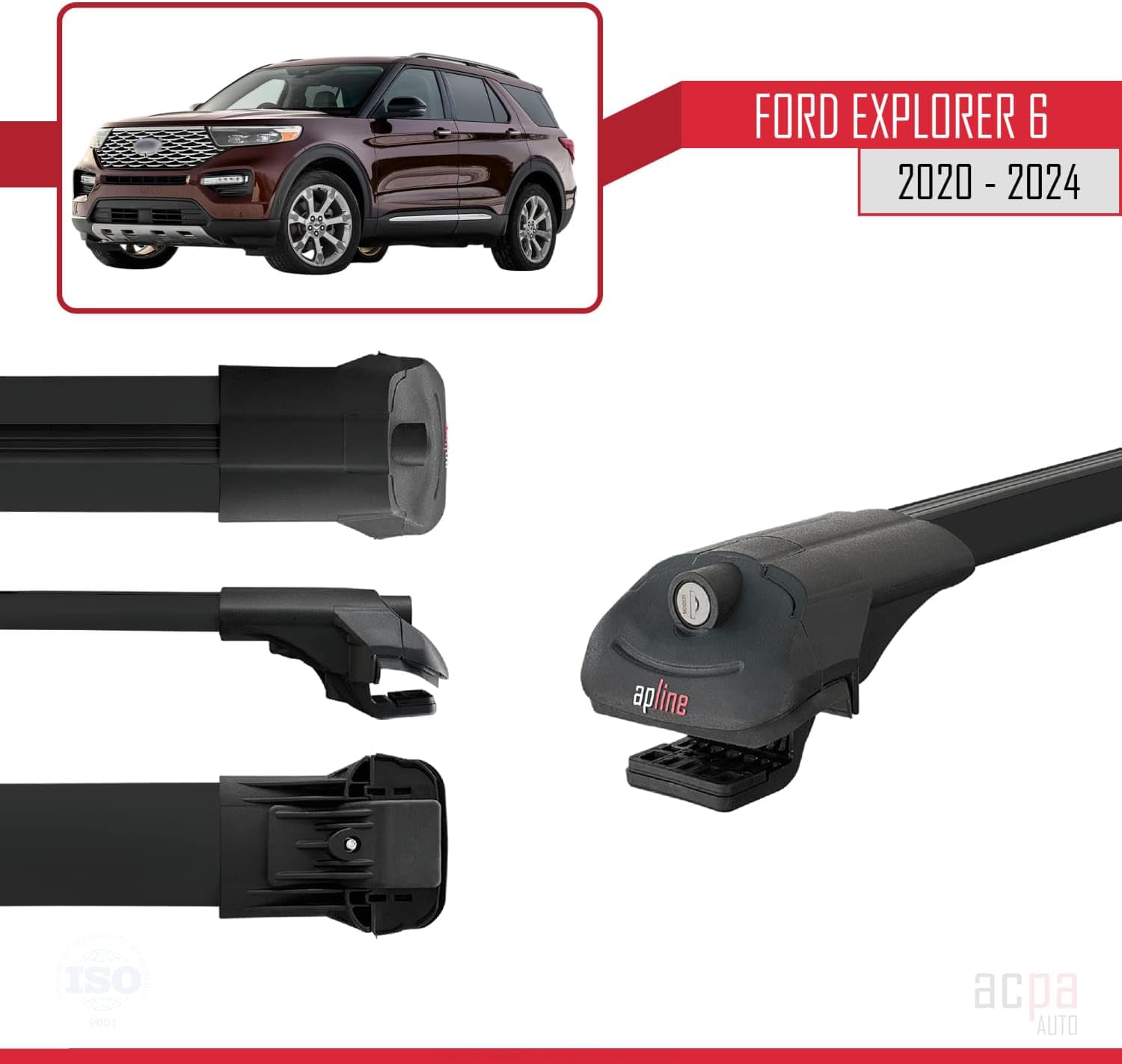 Compatible with Ford Explorer 6 2020-2024 ACE-1 Car Roof Rack Cross Bar Black Aluminium 3 Bars