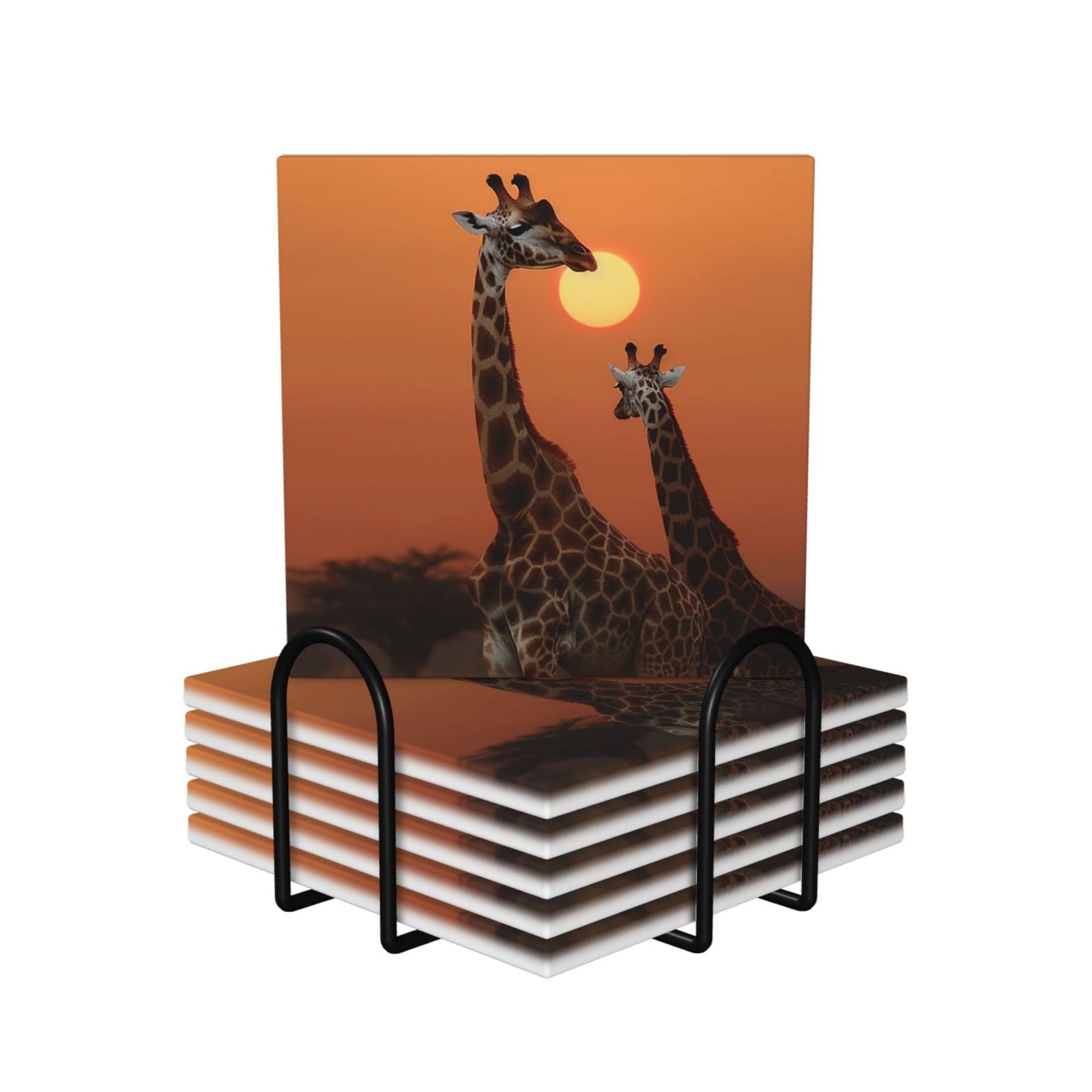 Dessous de verre avec support absorbant anti-trace, set de 6 pièces en céramique motif girafe
