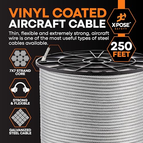 Image of Xpose Safety 7x7 Vinyl-Coated Galvanized Steel Aircraft Cable - 250 ft Wire for Pulley Systems, Winches, Marine & Boat Wire, Deck Railing, Cable Railing, Fencing, DIY Projects