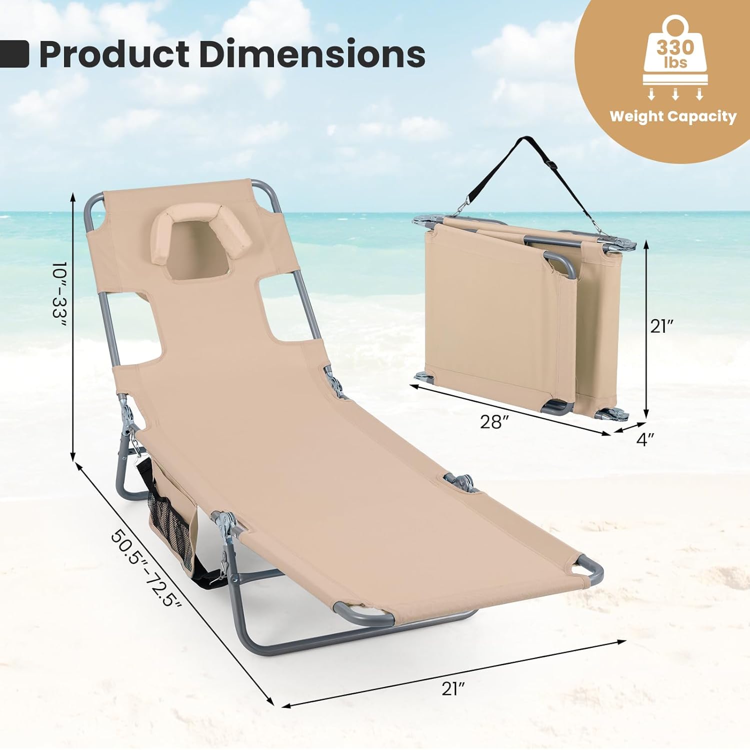 Goplus Tanning Chair, Folding Beach Lounge Chair w/5-Position Adjustable Backrest, Side Pocket, Face & Arm Holes, Removable Cushions, Portable Sunbathing Chair for Poolside (2, Biege)