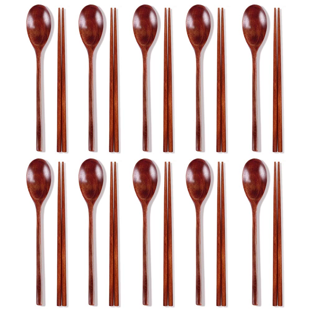 Ecloud Shop Brown 10-Set Spoon Chopsticks 10 Pairs Wooden Chopsticks Sets Korean Dinnerware Combinations
