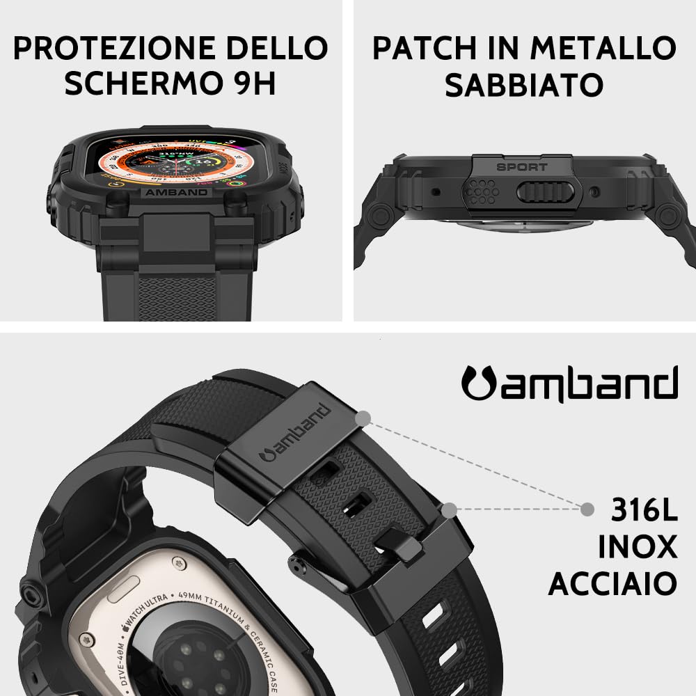 amBand Cinturino Custodia Protezione Schermo Compatibile con Apple Watch Ultra 2/1 49mm, M1 Sport Serie Rugged Cover e 2 Pack Pellicola Vetro Temperato, Protettivo Militare per iWatch 49mm Uomo Nero
