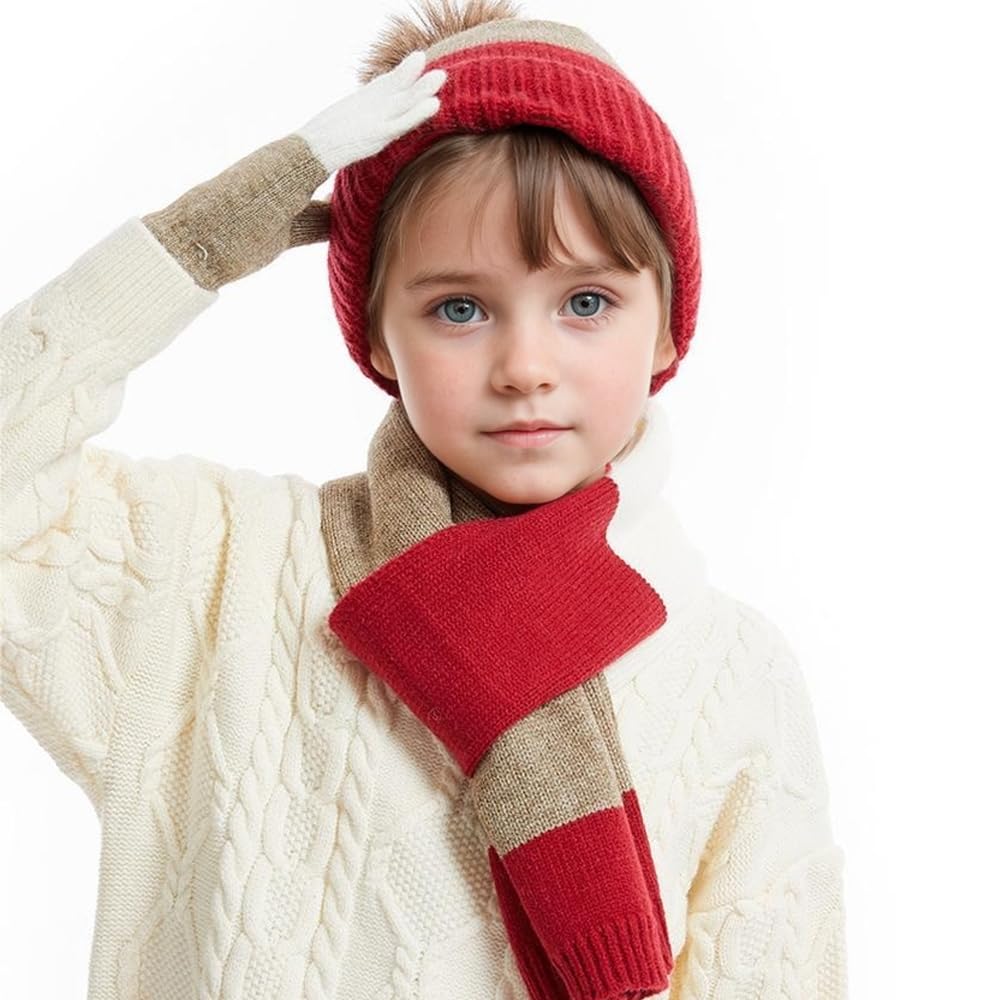 Juego de gorro, bufanda y guantes para niños, con caja de regalo, juego de regalo de invierno para niñas y niños, gorro de punto térmico cálido, forro polar suave, conjunto de invierno para