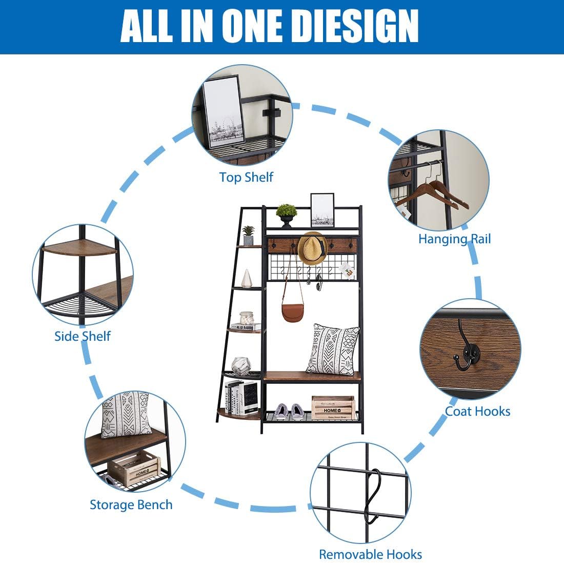 O&K FURNITURE Entryway Bench with Coat Rack, Hall Tree with Storage Bench and Shelves, Coat Rack Stand with Shoe Rack, Brown : Home & Kitchen
