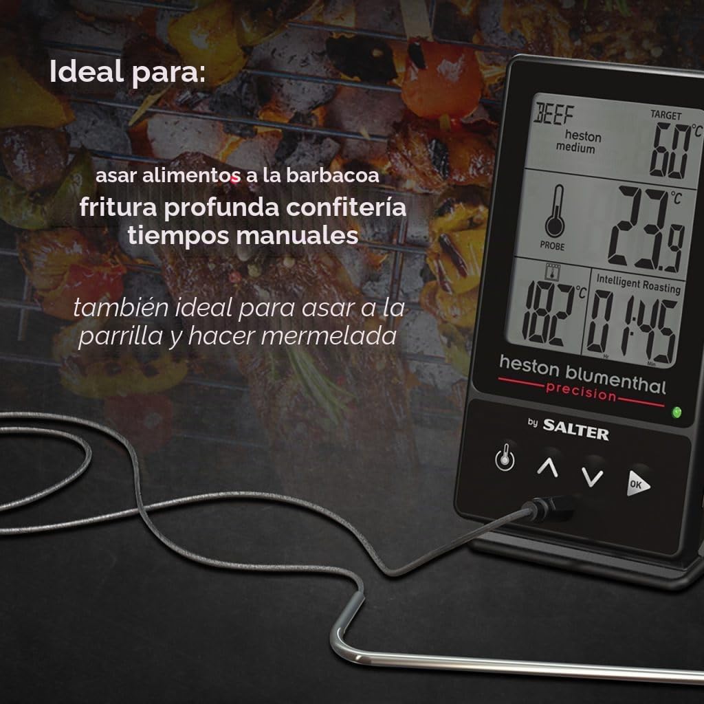Salter 540A HBBKCR Termómetro Digital 5 En 1 Con Precisión de 0,1 °C, De La Colección Heston Blumenthal Precision, Mide Hasta 5 Veces Más Rápido, Sonda De 14.5 cm, Pinza Para Bandejas Incluida, Negro