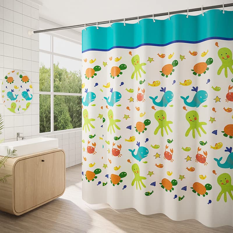GONOVE Shower Curtain for Bathroom 200 x 200 cm Mildew Resistant Waterproof Polyester Cartoon Animals Shower Curtain Liner Long Washable Bath Curtain with Hooks