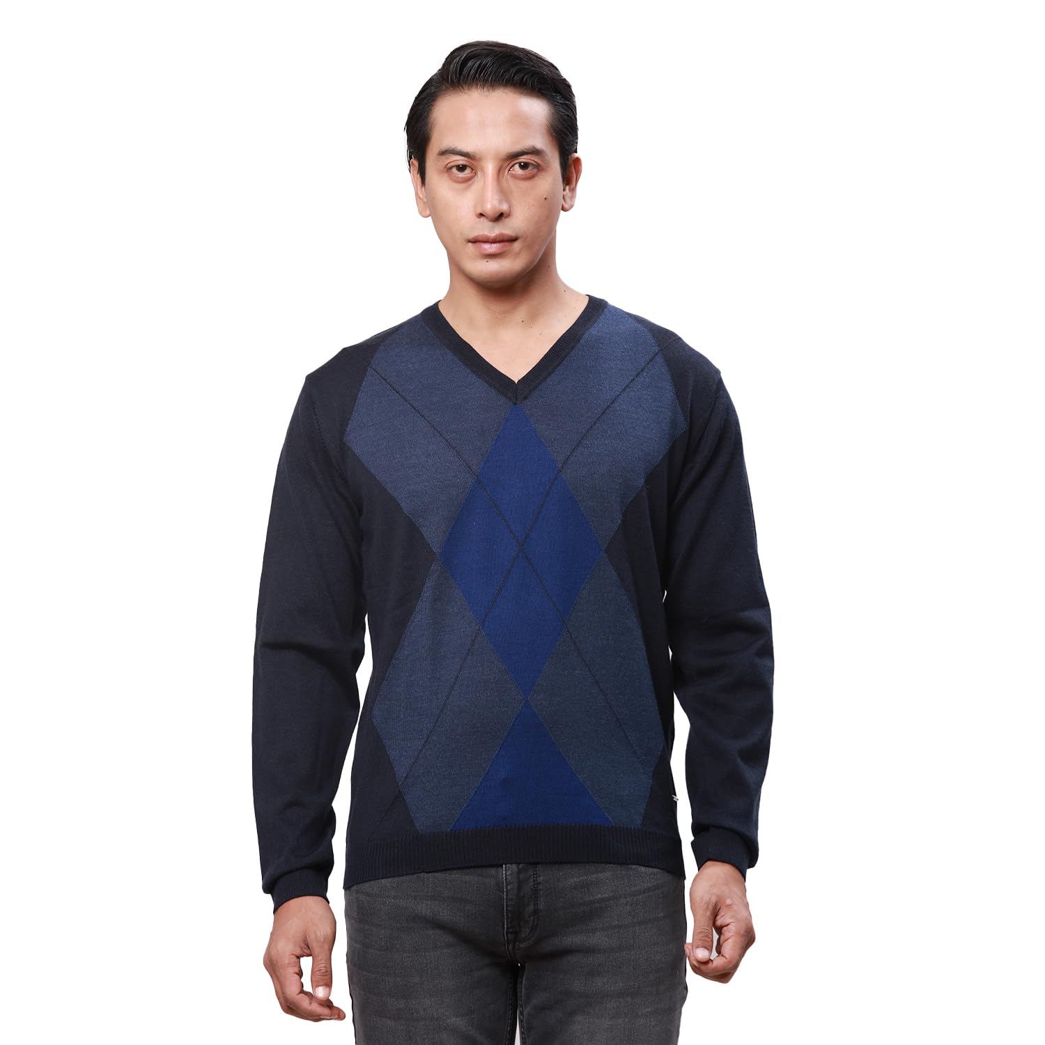 park avenue Men's Regular Fit Acrylic Wool Blend Full Sleeve V Neck Argyle Pattern Dark Blue Casual Sweater-picture-11