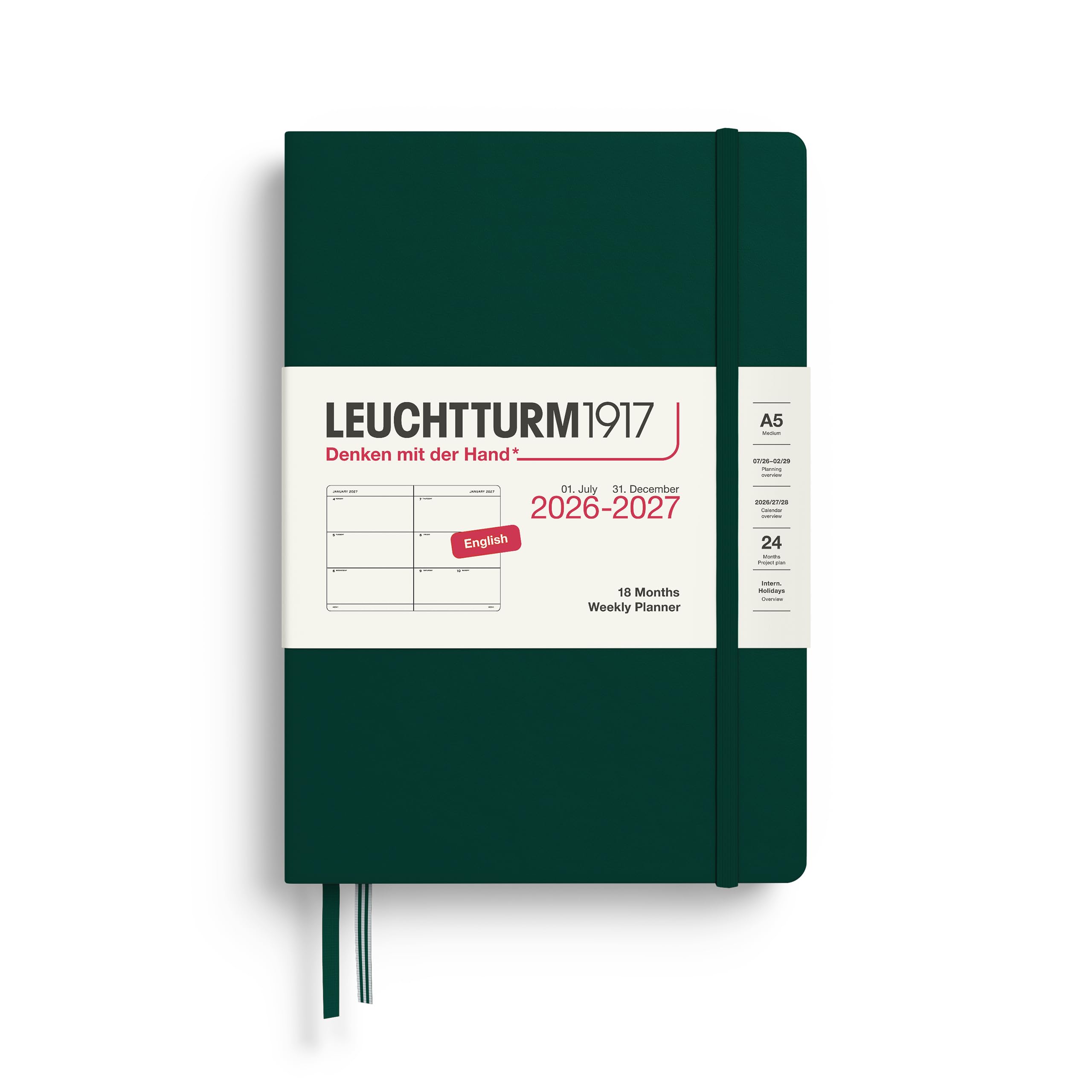 LEUCHTTURM1917 Weekly Planner 2027 Medium (A5) - English, Forest Green, Hardcover, 145 x 210 mm, 18 Months - 07. 2026-12/2027, 1 Week per Double Page, 80 g/m² Paper