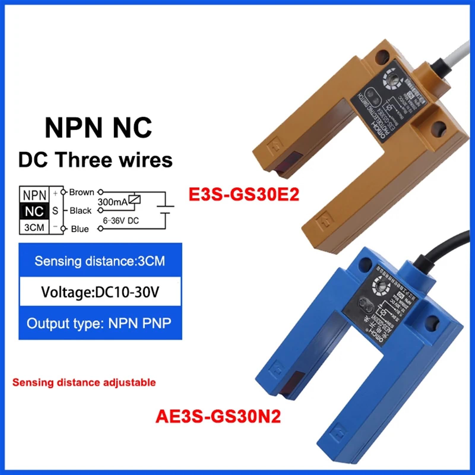 JCAKES E3S-GS30 3CM Czujnik odległości Koryto Indukcyjny na podczerwień Przełącznik czujnika fotoelektrycznego DC10-30V AC90-250V NPN/PNP (kolor: DC trzyprzewodowy NPN NC, rozmiar: kolor pomarańczowy)