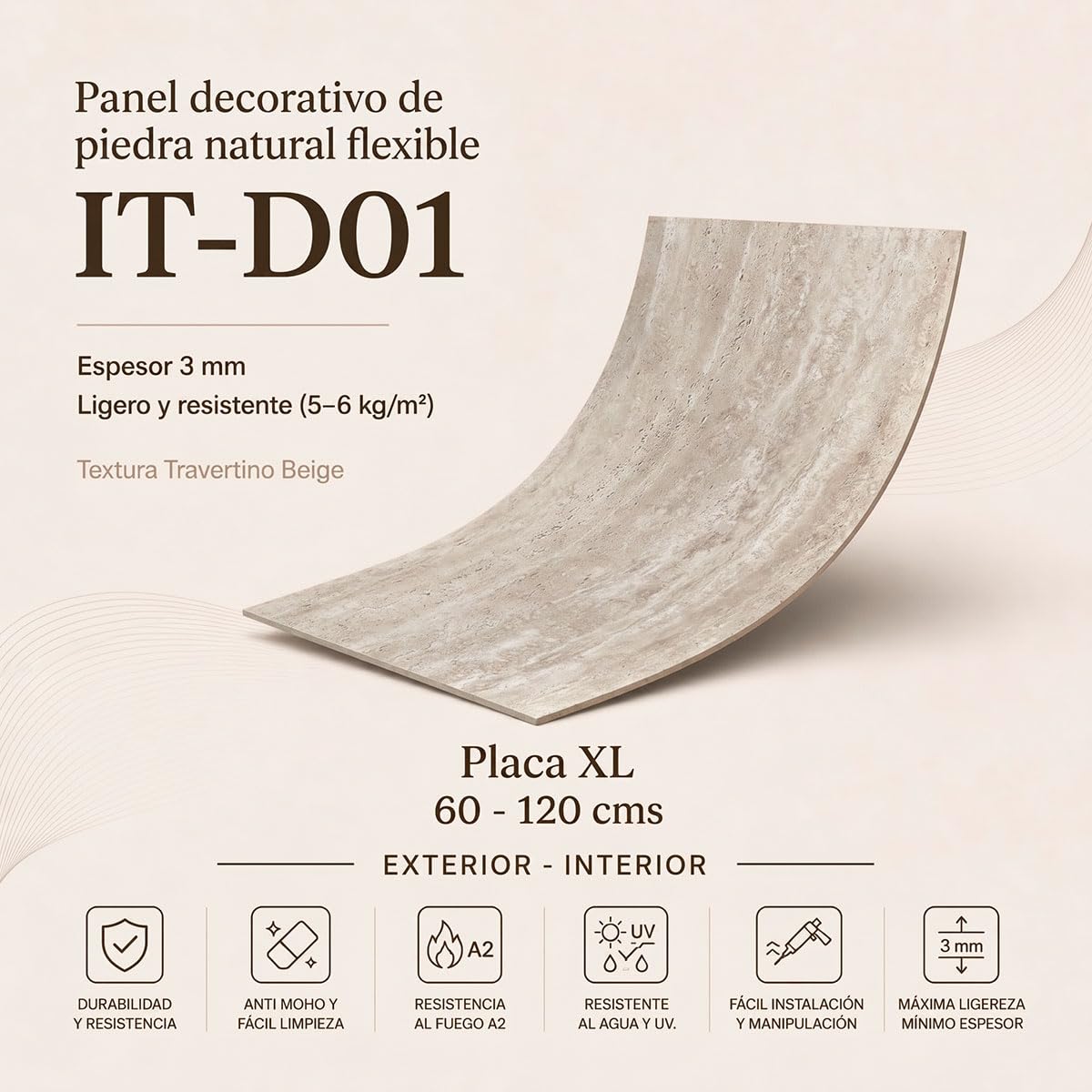 Panel piedra flexible TRAVENTINO BEIGE IT-D01 60x120 cm - 3-5 mm ultrafino, ligero, curvable, resistente, interior y exterior, sin obra, textura real x2 uds acabado premium.