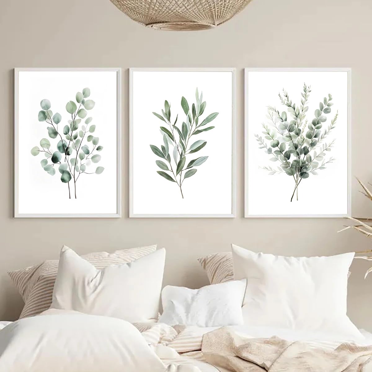 LMYSXAOZ Bohemian Sage Green Leaves Prints on Canvas Painting Poster Modern Botanical Art Wall Home Office Interior Decoration(30x50cm-3Pcs)