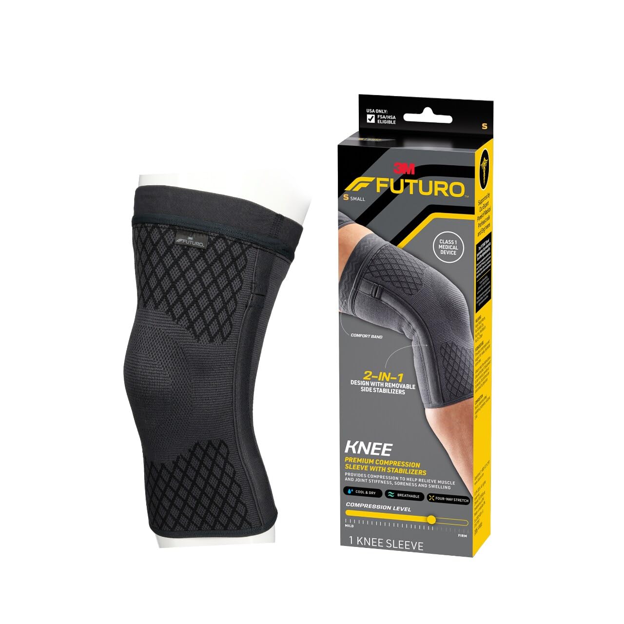 Futuro Premium Compression Knee Sleeve with Stabilizers, Removable Stabilizers, Advanced Customizable Compression Sleeve, for Mild Arthritis, Swelling, Soreness, Sprains, and Strains, Small