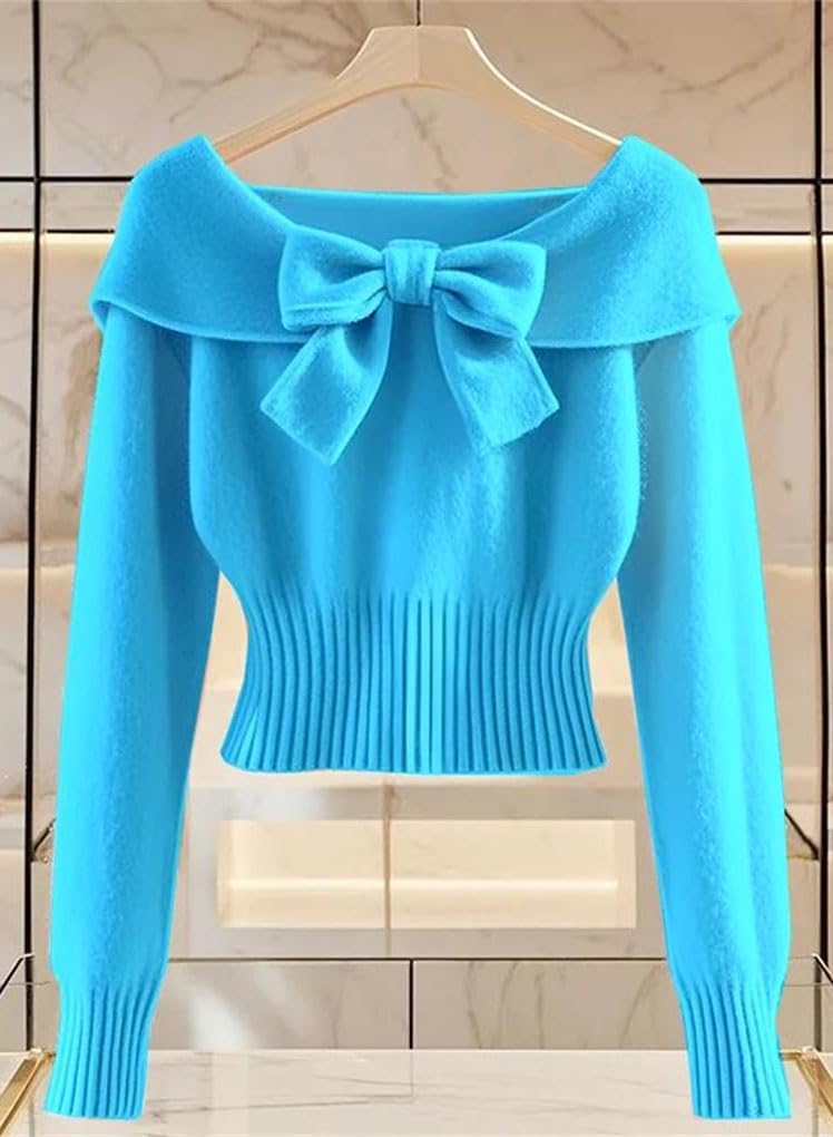 Women's Bowknot Knitting Sweater Cinched Waist Crop Base Layer Tops Solid Color Knitted Pullovers - Image 5