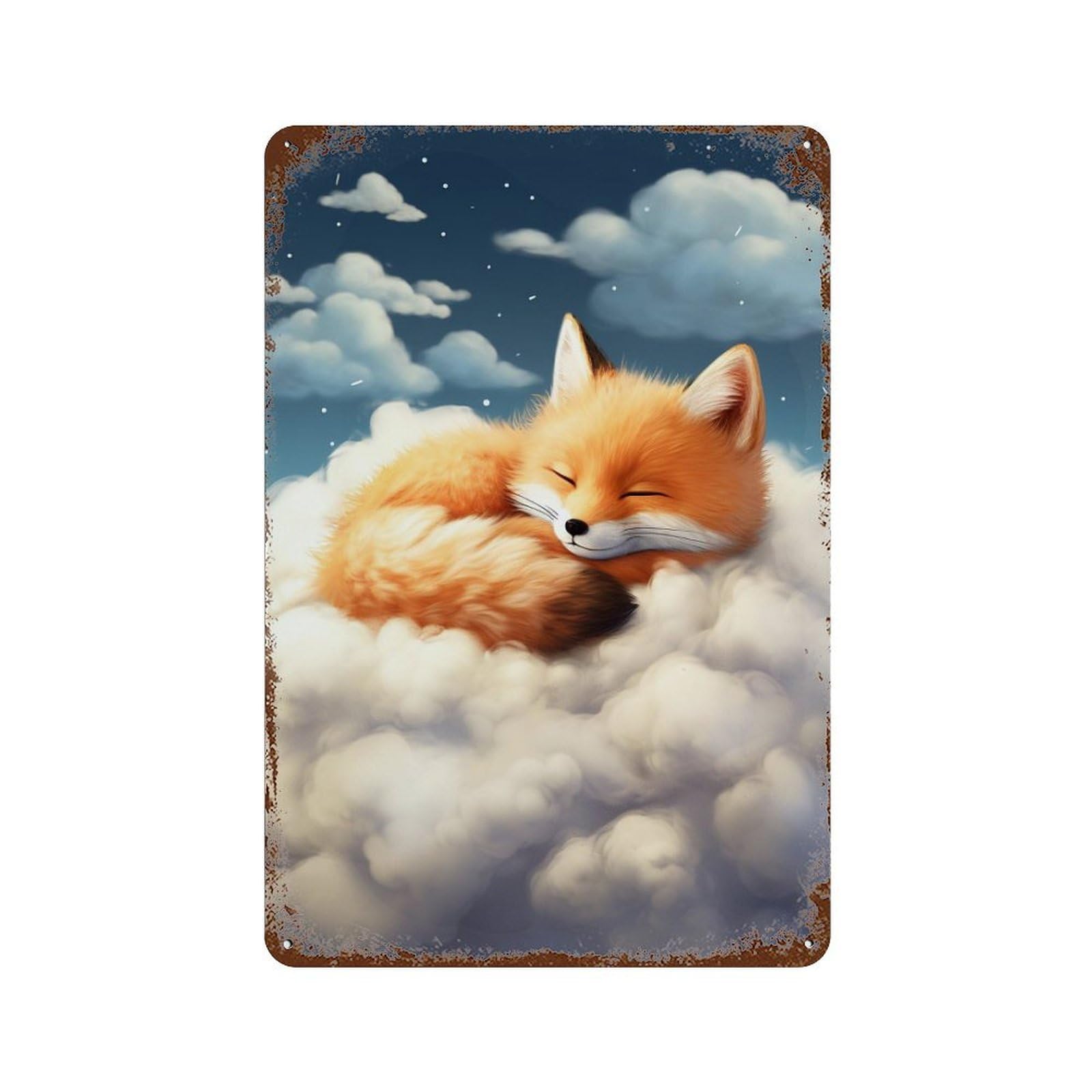Sleeping Fox on Cloud Rust Effect Tin Sign 11.8"x7.9", Novelty Wall Decor for Garage, Pub Or Kitchen