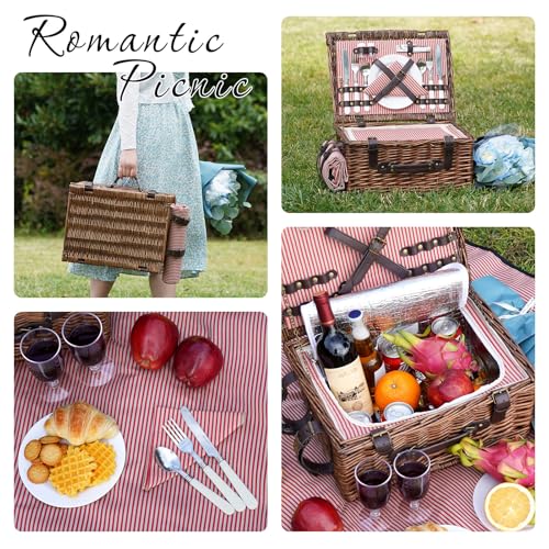 Image of Picnic Basket Set for 2 Persons with Cooler and Waterproof Picnic Blanket, Classical Wicker Picnic Baskets with Waterproof & Sand-Proof Beach Mat,Willow Hamper Service Gift Set