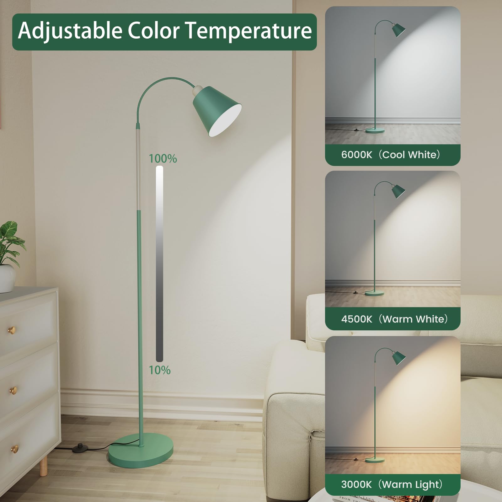 SIBRILLE E27 Lampada da Terra Dimmerabile, con Telecomando, max 60W 3000K-6000K, Altezza 168 cm Lampada da lettura con Testa di luce flessibile per Soggiorno e Studio con Lampada a LED (Conico)
