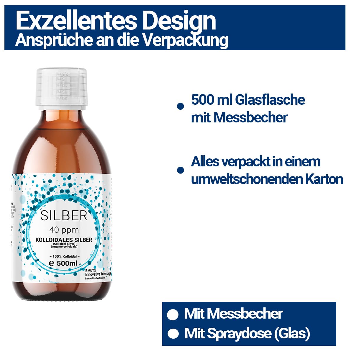 3 x 500 ml d'argent colloïdal (40 ppm) dans une bouteille en verre ambré | eau d'argent | eau ultra pure | 100 % colloïdal