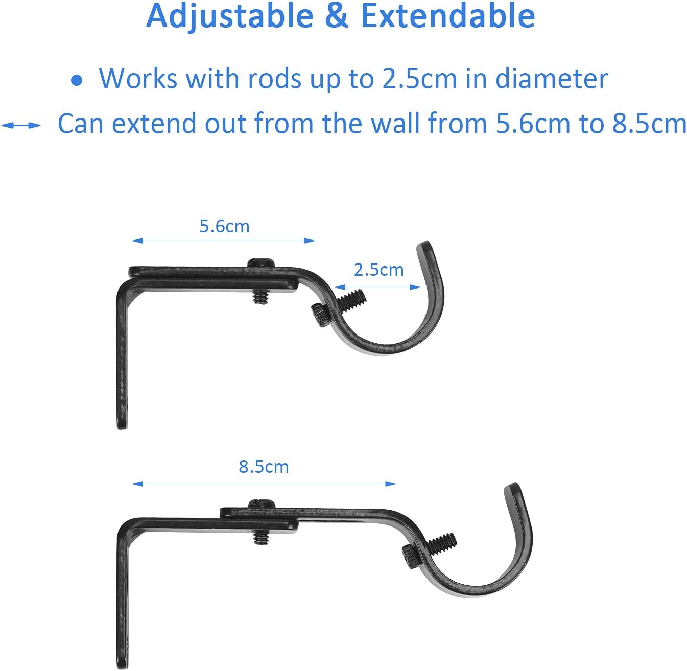 MEETANG Set of 4 Black Curtain Pole Brackets Adjustable Metal Curtain