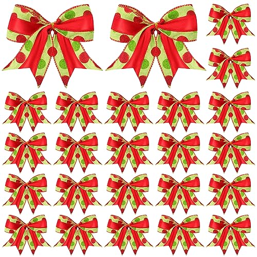 Lyrow 24 Pcs Red Green Christmas Bows 6 Inch Large Christmas Glitter Tie Ribbon Bows for Wreath Garland DIY Crafts Wedding Indoor Outdoor Decor (Red Green)