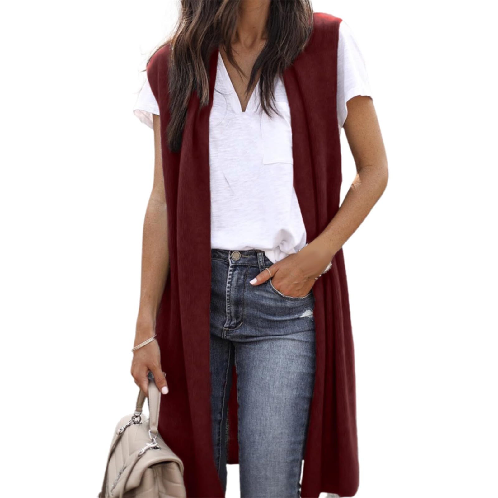 Generisch Chaqueta de punto para mujer, chaleco de punto largo, chaleco ligero sin mangas, elegante, fino, frente abierto, chalecos sin mangas, abrigo de punto, cárdigan largo, cárdigan de punto