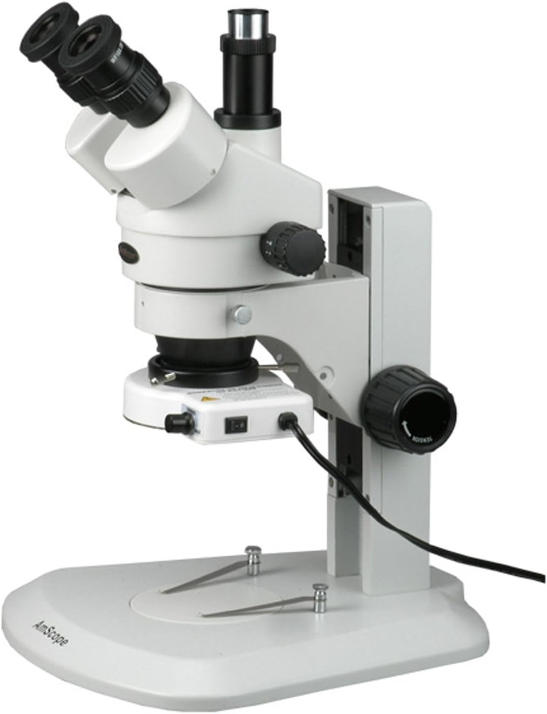 AmScope SM-1TRZ Professional Trinocular Stereo Zoom Microscope, WH10x Eyepieces, 3.5X-90X Magnification, 0.7X-4.5X Zoom Objective, Ambient Lighting, Track Stand, Includes 0.5X and 2.0X Barlow Lenses