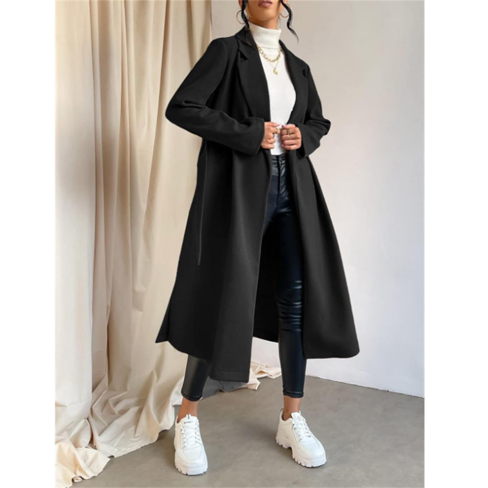(Size L ). Womens Pea Coat Jackets Elegant Notched Lapel Collar Trench Coat Winter Wool Blend Split Hem Belted Overcoat Long Jackets