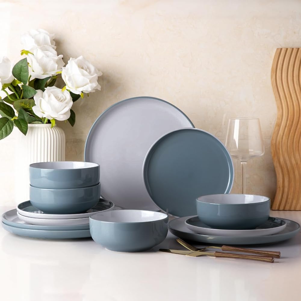 Cuisine Art DURA 12PCS Dinner Set - Elegant Grey Stoneware Dinnerware Set for 4 - Includes 4 Large Plates (Dia 27.3cm), 4 Small Plates (Dia 19.8cm), and 4 Bowls (Dia 15cm x H 6cm)