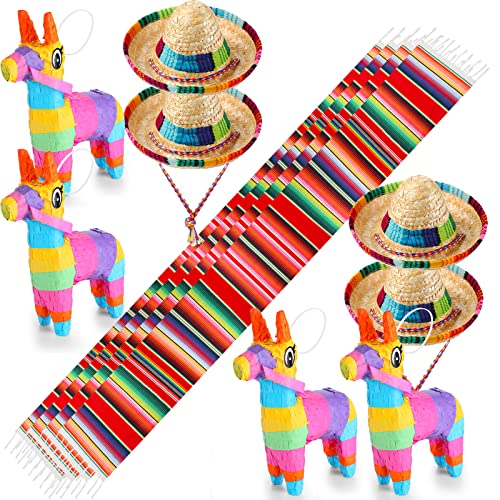 12 Pcs Mexican Theme Party Decoration Set Includes 4 Large Mexican Table Runner 4 Mini Donkey Pinata 4 Mini Sombrero Party